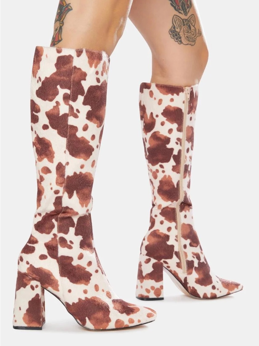 Public Desire Apology Cowhide Cow Print Knee-High Block Heel Boots - Brown/White